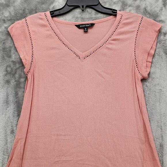 Ellen Tracy Top Womens M Tea Rose Pink V-Neck Loose Fit Tunic Short Cap Sleeves - Picture 2 of 9